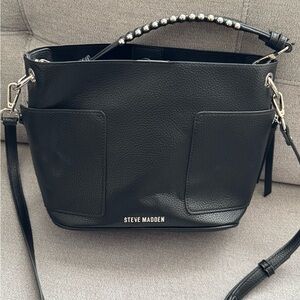 Steve Madden Black Pebbled Leather Shoulder Tote with Stud Handle